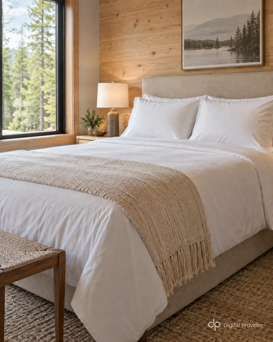 Illustration : chambre de chalet lumineuse, literie blanche et bois naturel.