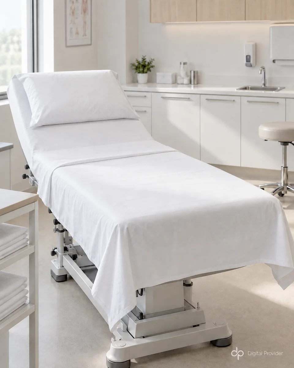 Illustration : table d’examen recouverte de linge blanc dans une salle de soins claire.