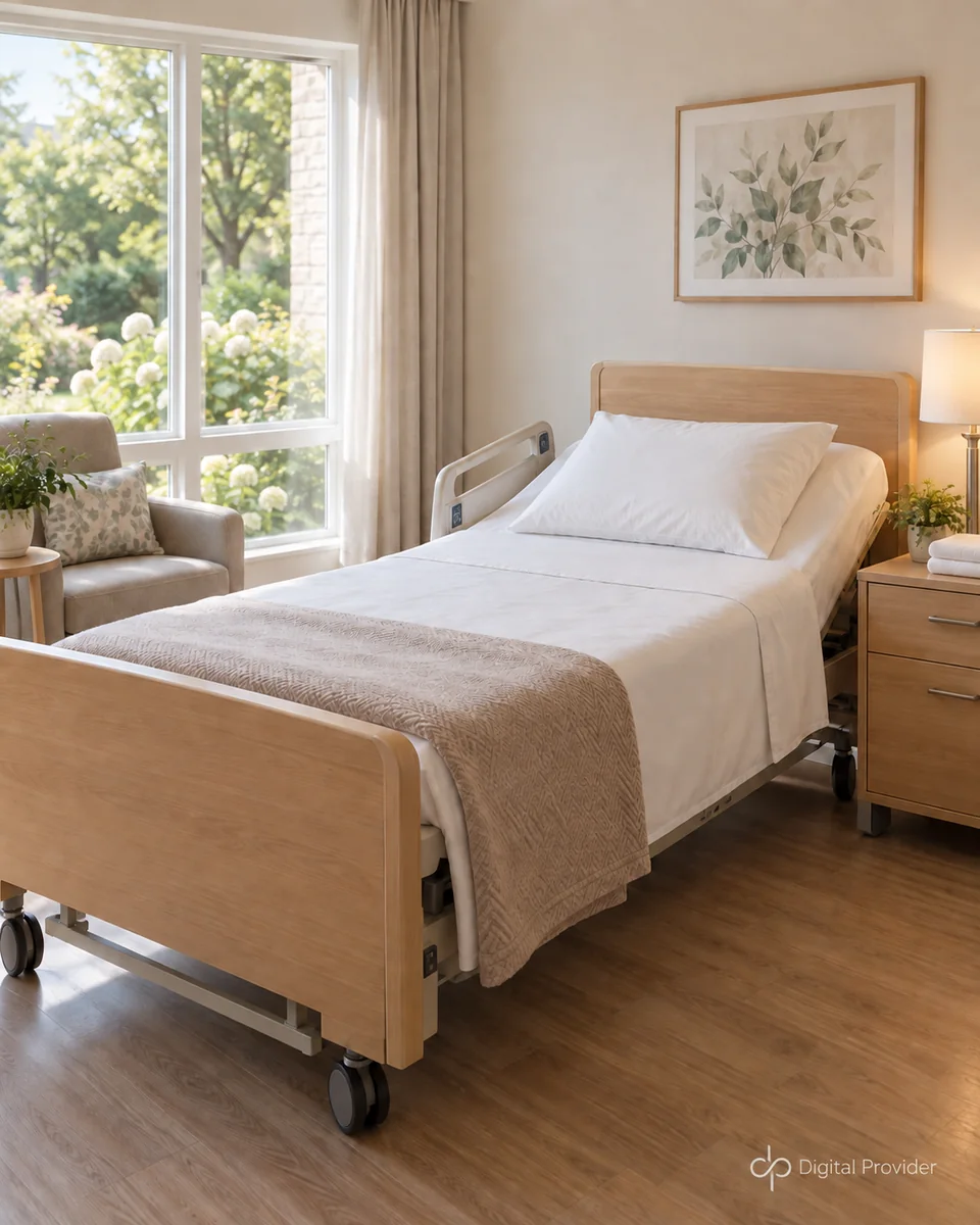 Illustration : chambre de résidence avec lit adapté, literie blanche et ambiance accueillante.